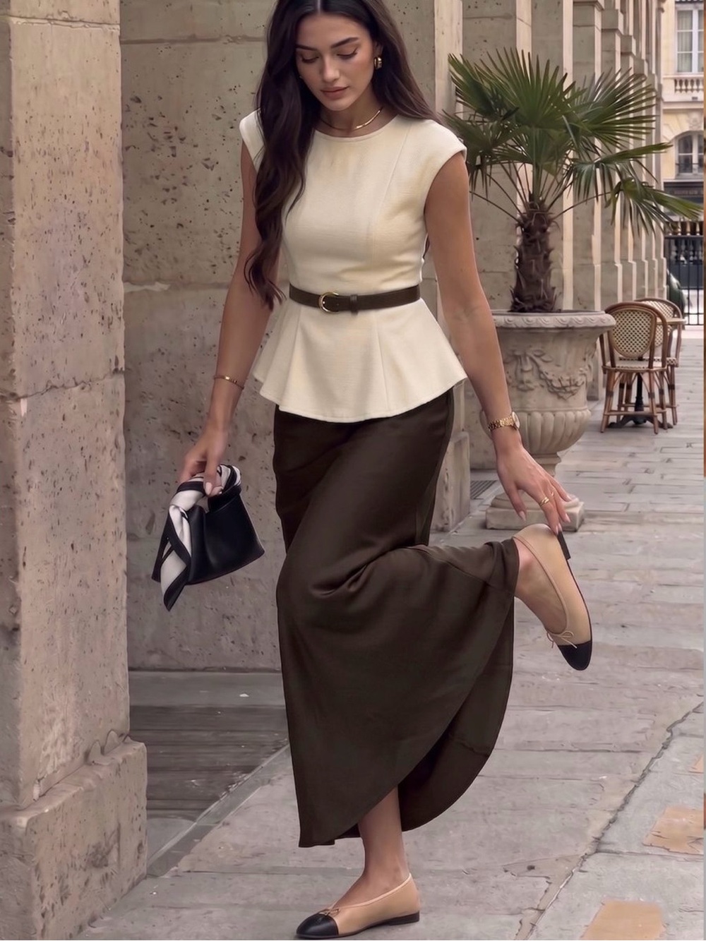 Cream Peplum Belted Top with Satin Midi Skirt - Elegant Women's Outfit